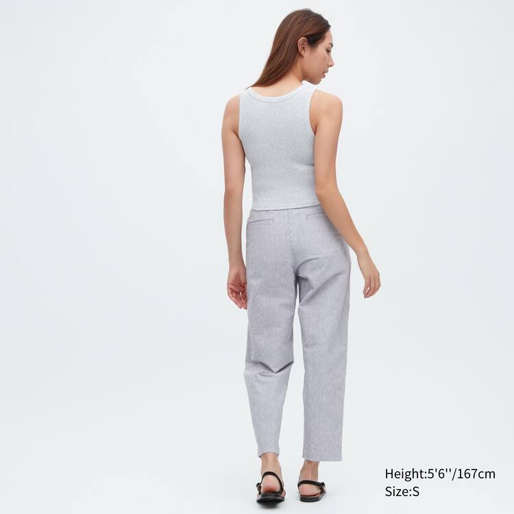 Uniqlo Linen Bavlnene Blend Pruhované Tapered Nohavice Damske Modre | PBEHFQ-764