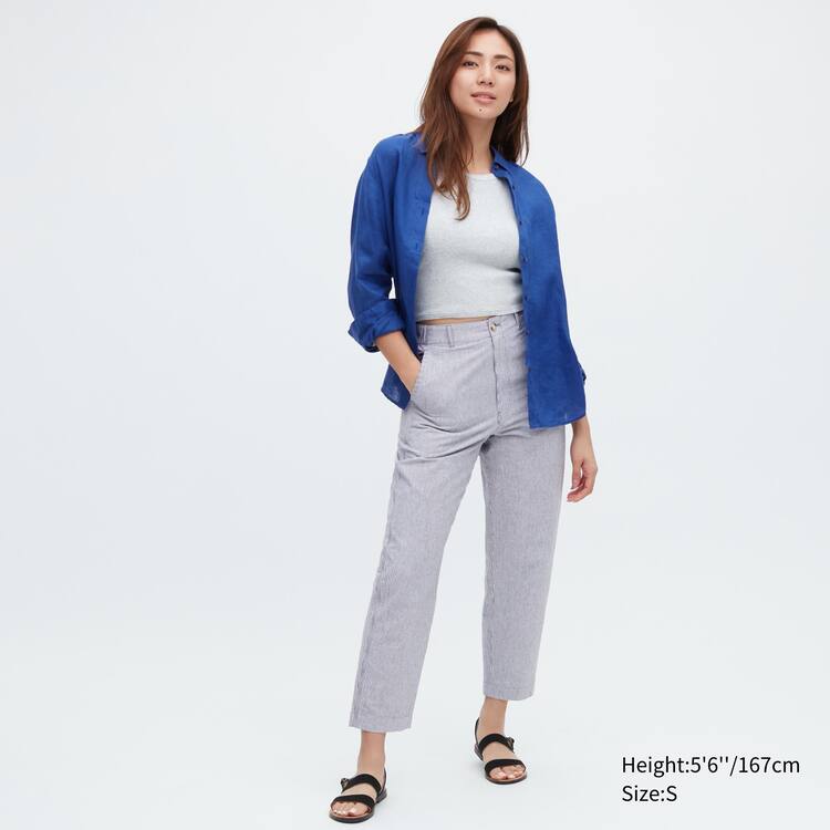 Uniqlo Linen Bavlnene Blend Pruhované Tapered Nohavice Damske Modre | PBEHFQ-764