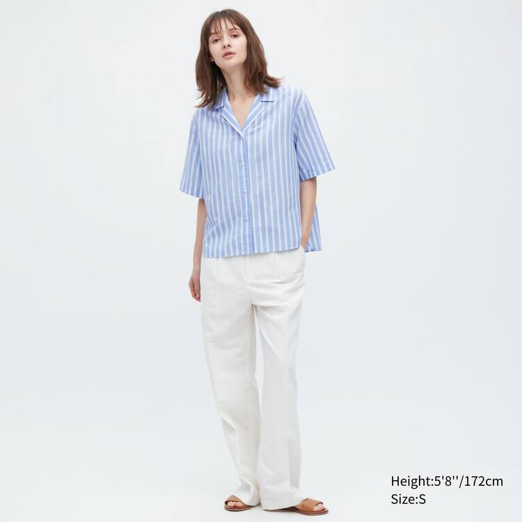 Uniqlo Linen Blend Kratke Sleeve Kosele Damske Svetlo Modre | STHFPM-869