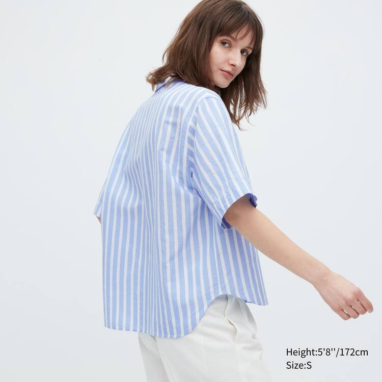 Uniqlo Linen Blend Kratke Sleeve Kosele Damske Svetlo Modre | STHFPM-869
