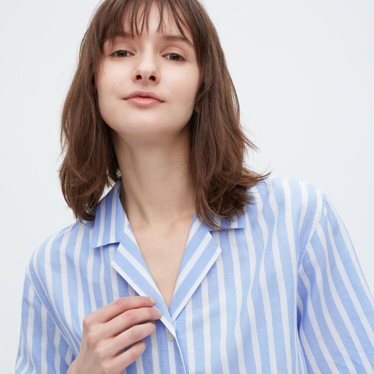 Uniqlo Linen Blend Kratke Sleeve Kosele Damske Svetlo Modre | STHFPM-869