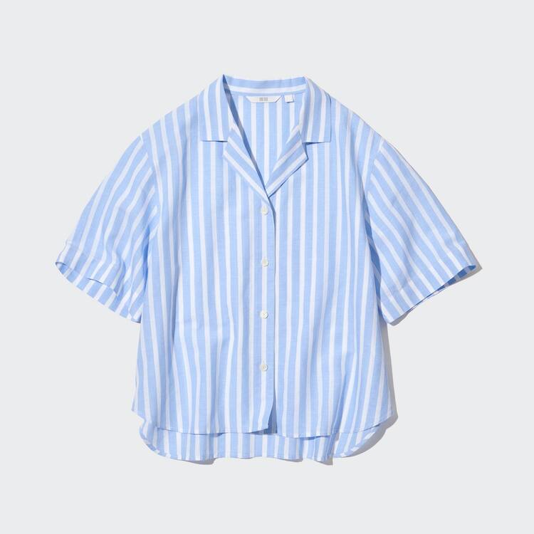 Uniqlo Linen Blend Kratke Sleeve Kosele Damske Svetlo Modre | STHFPM-869