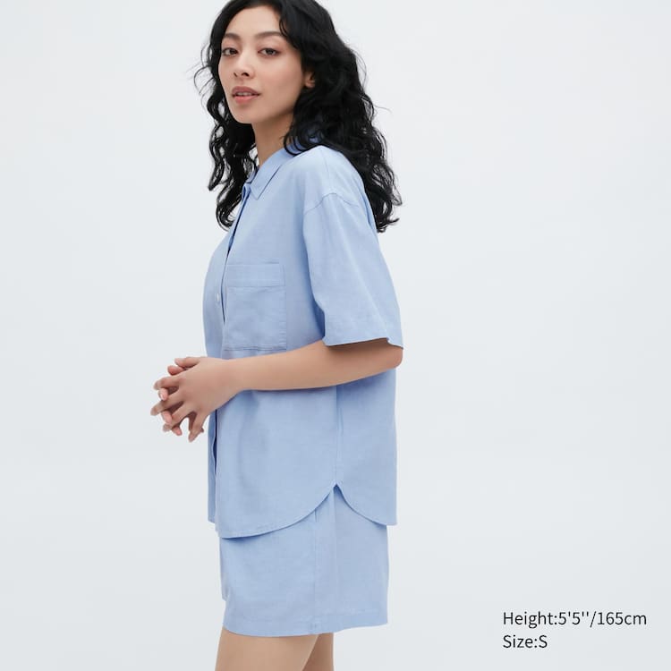 Uniqlo Linen Blend Kratke Sleeved Set Loungewear Damske Modre | MLVHWK-128