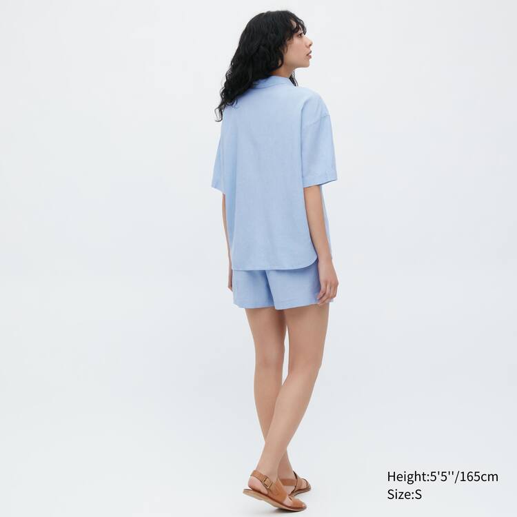 Uniqlo Linen Blend Kratke Sleeved Set Loungewear Damske Modre | MLVHWK-128