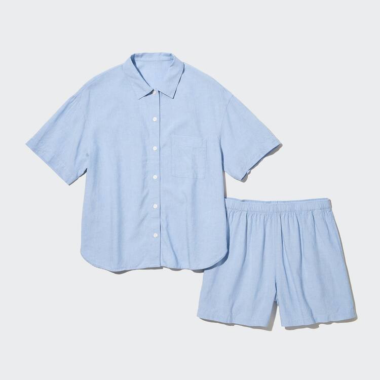Uniqlo Linen Blend Kratke Sleeved Set Loungewear Damske Modre | MLVHWK-128