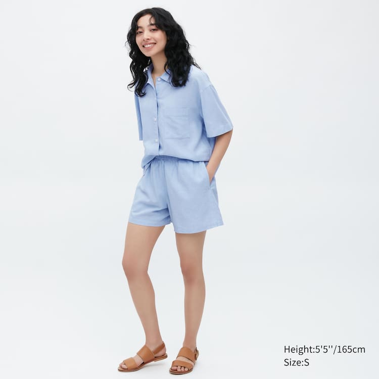Uniqlo Linen Blend Kratke Sleeved Set Loungewear Damske Modre | MLVHWK-128