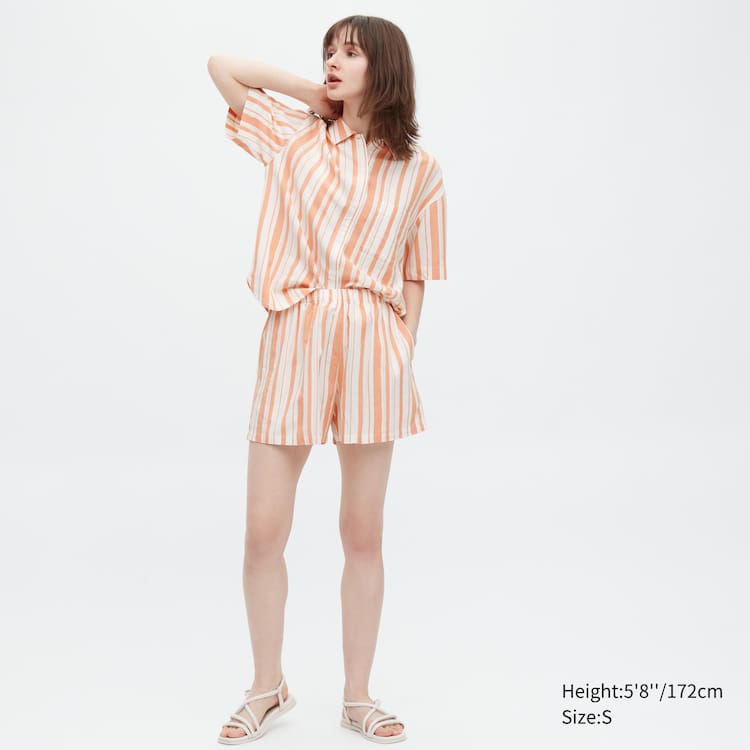 Uniqlo Linen Blend Kratke Sleeved Set Loungewear Damske Oranžové | SVBLFU-245