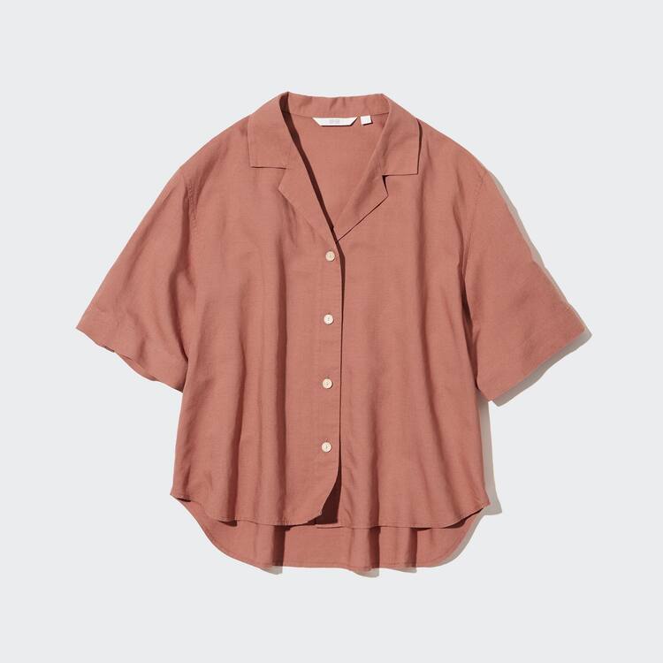 Uniqlo Linen Blend Open Collar Kratke Sleeved Kosele Damske Hnede | CYDOVS-751