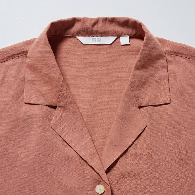 Uniqlo Linen Blend Open Collar Kratke Sleeved Kosele Damske Hnede | CYDOVS-751