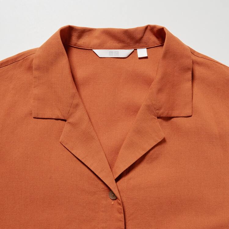 Uniqlo Linen Blend Open Collar Kratke Sleeved Kosele Damske Oranžové | NIAOKU-173