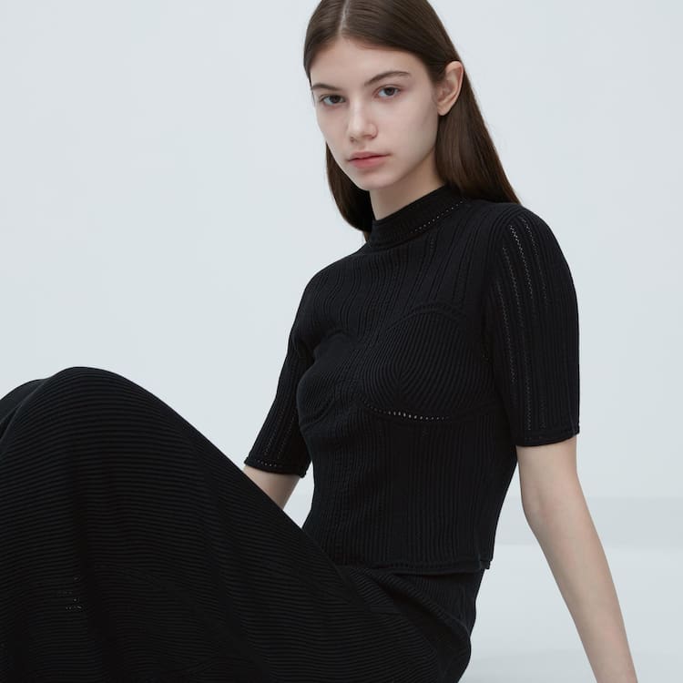 Uniqlo Mame Kurogouchi 3d Knit Seamless Mesh Half Sleeve Pleteniny Damske Čierne | DKWVZM-186