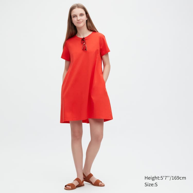 Uniqlo Mercerised Bavlnene Kratke Sleeved Mini Saty Damske Červené | GPHJTC-306