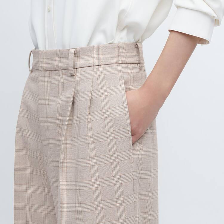 Uniqlo Plisované Checked Siroke Topanky Leg Nohavice Damske Béžové | WVATCO-745