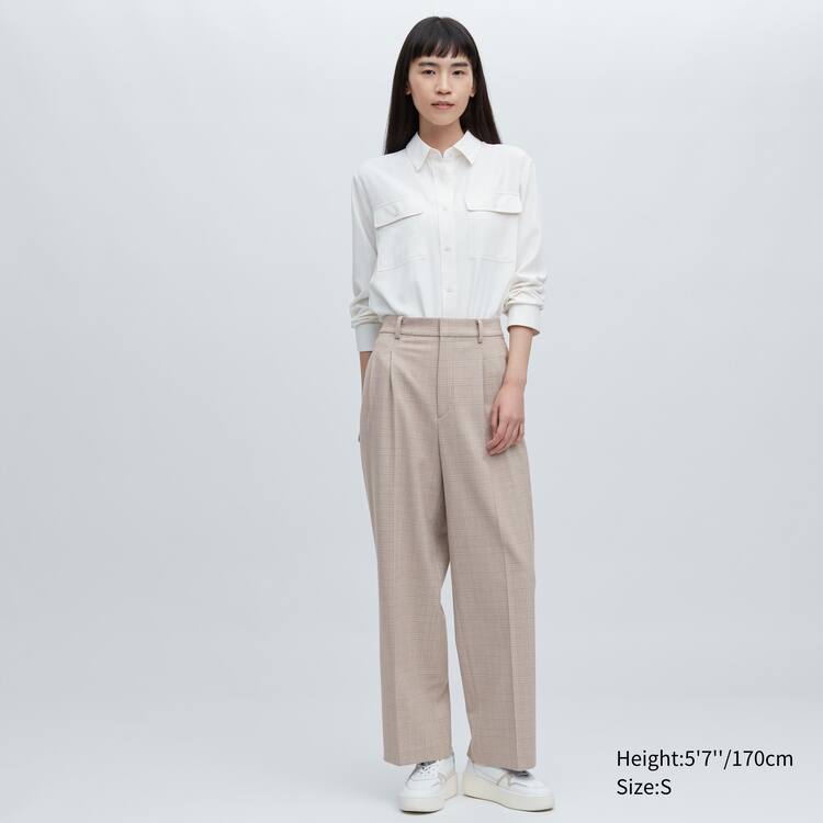 Uniqlo Plisované Checked Siroke Topanky Leg Nohavice Damske Béžové | WVATCO-745