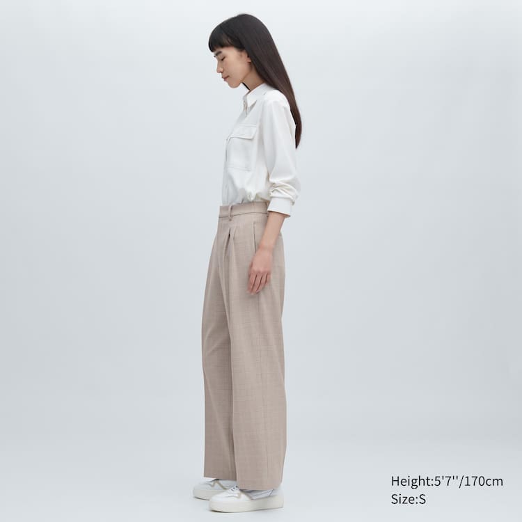 Uniqlo Plisované Checked Siroke Topanky Leg Nohavice Damske Béžové | WVATCO-745