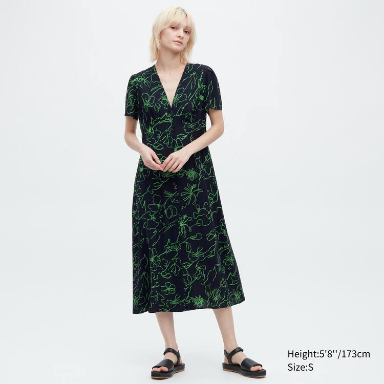 Uniqlo Printed V Neck Flared Kratke Sleeved Saty Damske Čierne | USGTXP-452