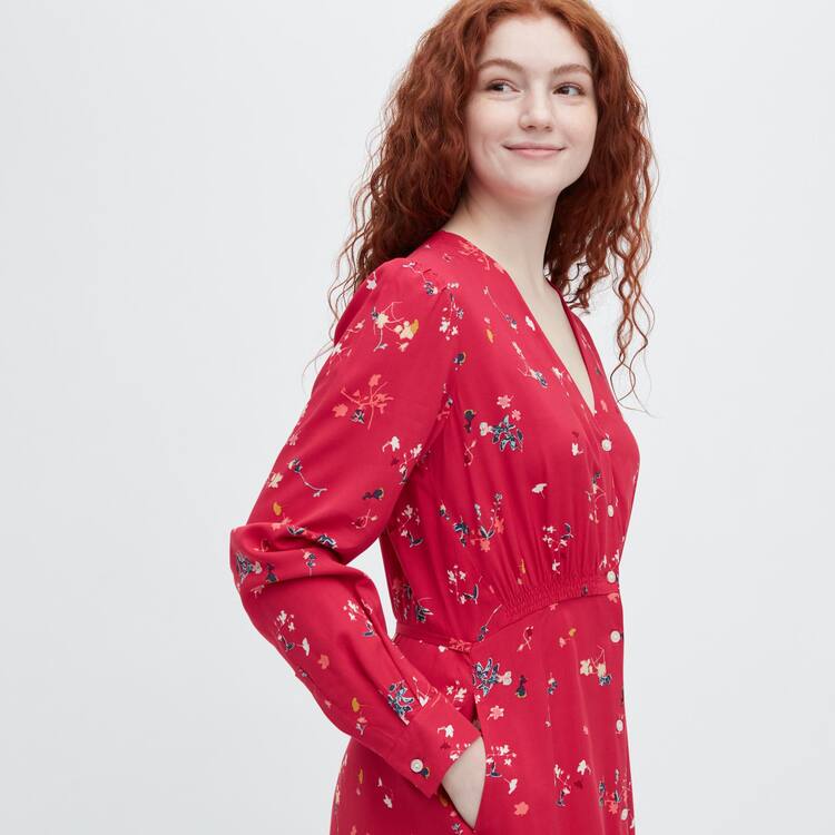Uniqlo Printed V Neck Flared Long Sleeved Saty Damske Červené | GDQZOT-625