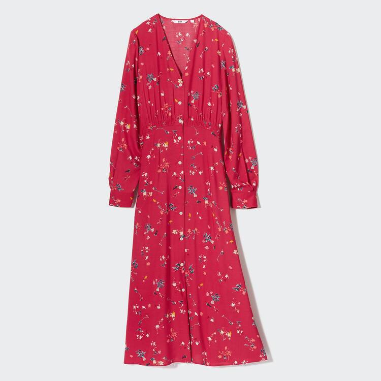 Uniqlo Printed V Neck Flared Long Sleeved Saty Damske Červené | GDQZOT-625
