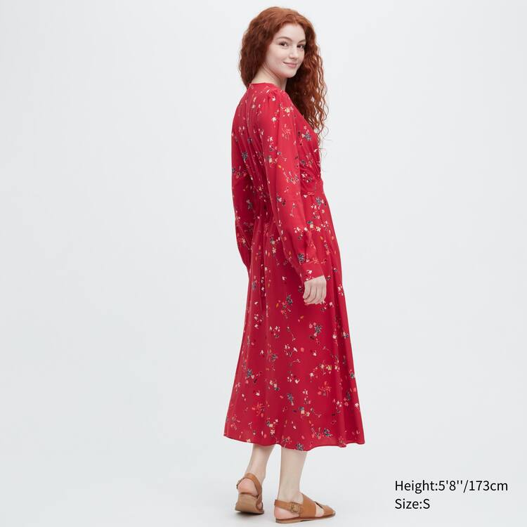 Uniqlo Printed V Neck Flared Long Sleeved Saty Damske Červené | GDQZOT-625