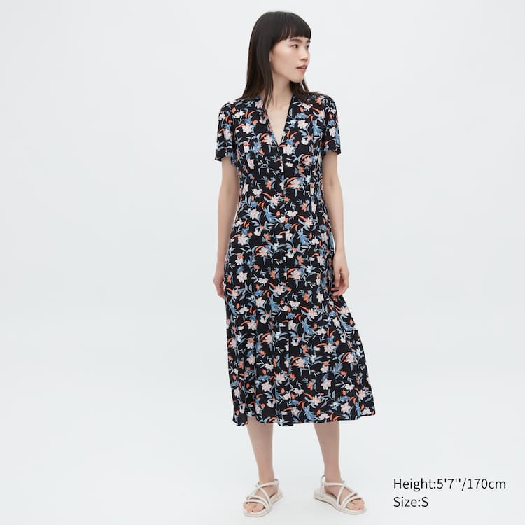 Uniqlo Printed V Neck Kratke Sleeved Flared Saty Damske Čierne | XLMOBS-159