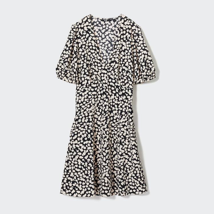 Uniqlo Printed V Neck Kratke Sleeved Mini Saty Damske Biele Čierne | AKFMSR-318