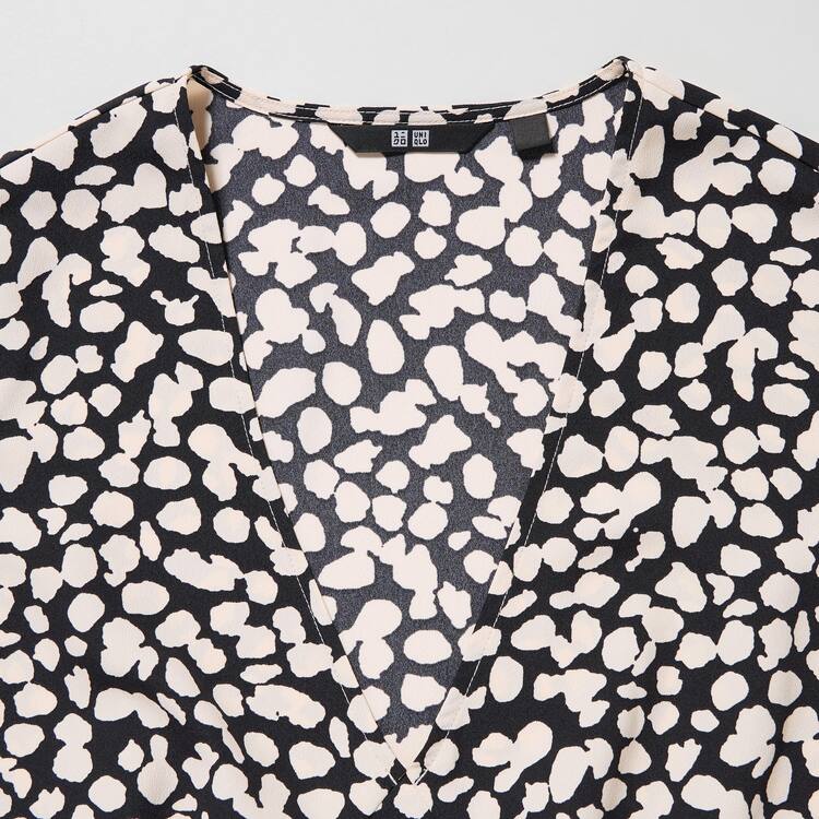 Uniqlo Printed V Neck Kratke Sleeved Mini Saty Damske Biele Čierne | AKFMSR-318