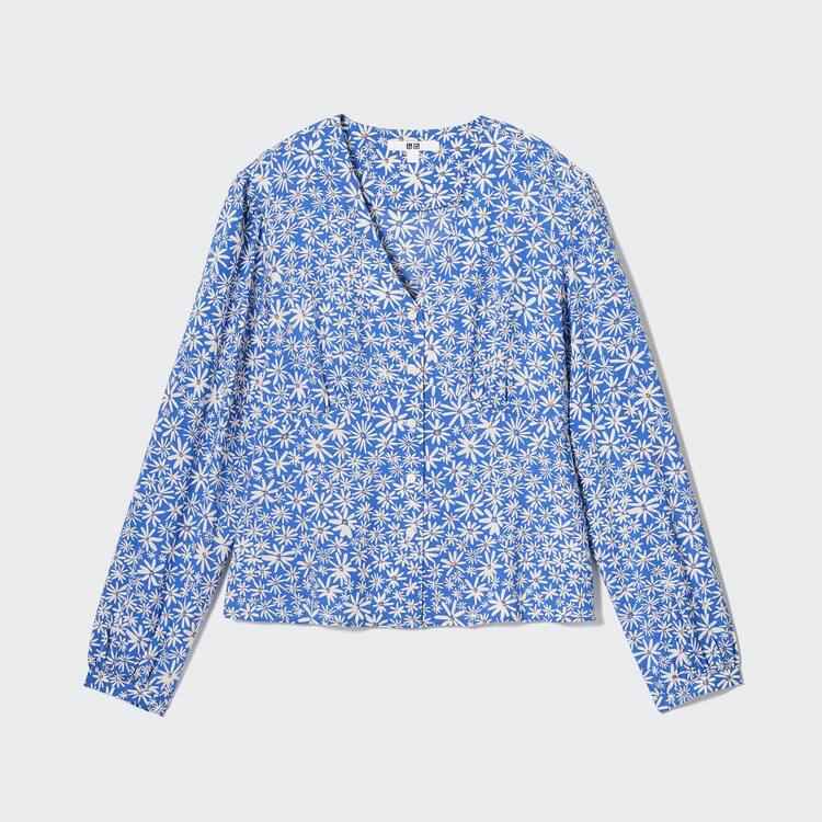 Uniqlo Printed V Neck Long Sleeved Blúzky Damske Modre | FMLKZP-278