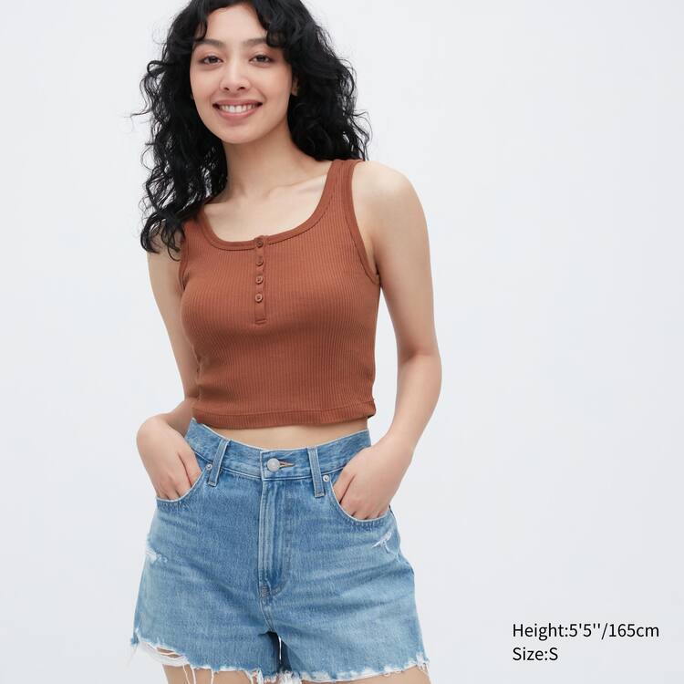 Uniqlo Rebrovaný Henley Neck Cropped Topy Damske Hnede | SNGEYD-564