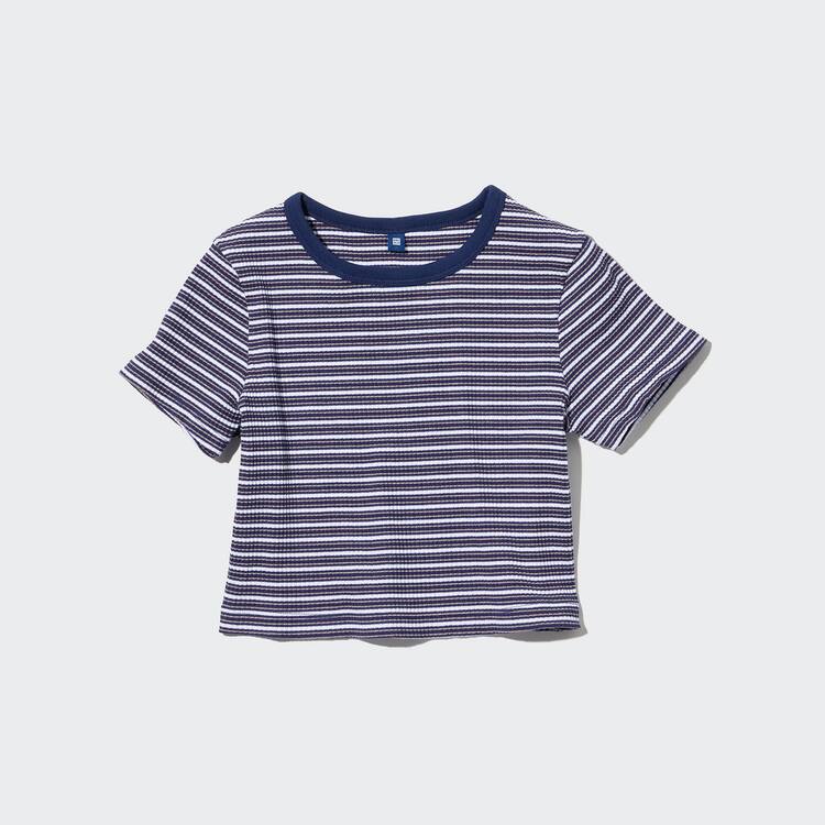 Uniqlo Rebrovaný Pruhované Cropped Tricko Detske Modre | GZLNIU-061