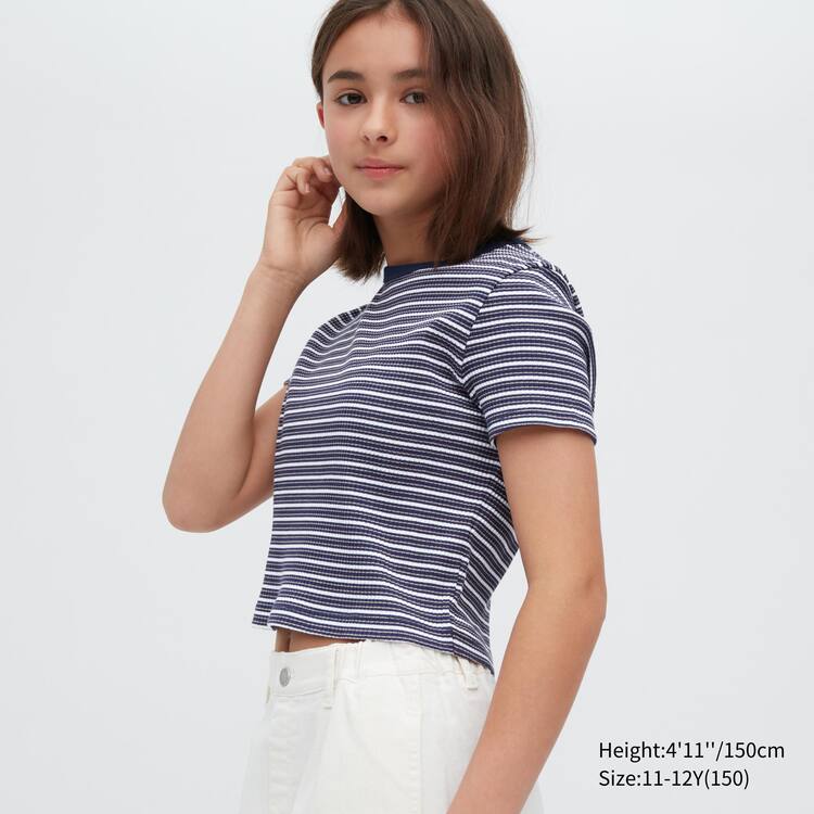 Uniqlo Rebrovaný Pruhované Cropped Tricko Detske Modre | GZLNIU-061