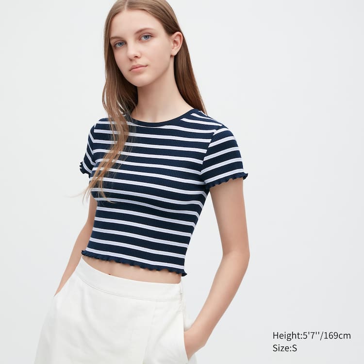 Uniqlo Rebrovaný Pruhované Frill Kratke Sleeved Tricko Damske Námornícka Modrá | TRYVQK-642