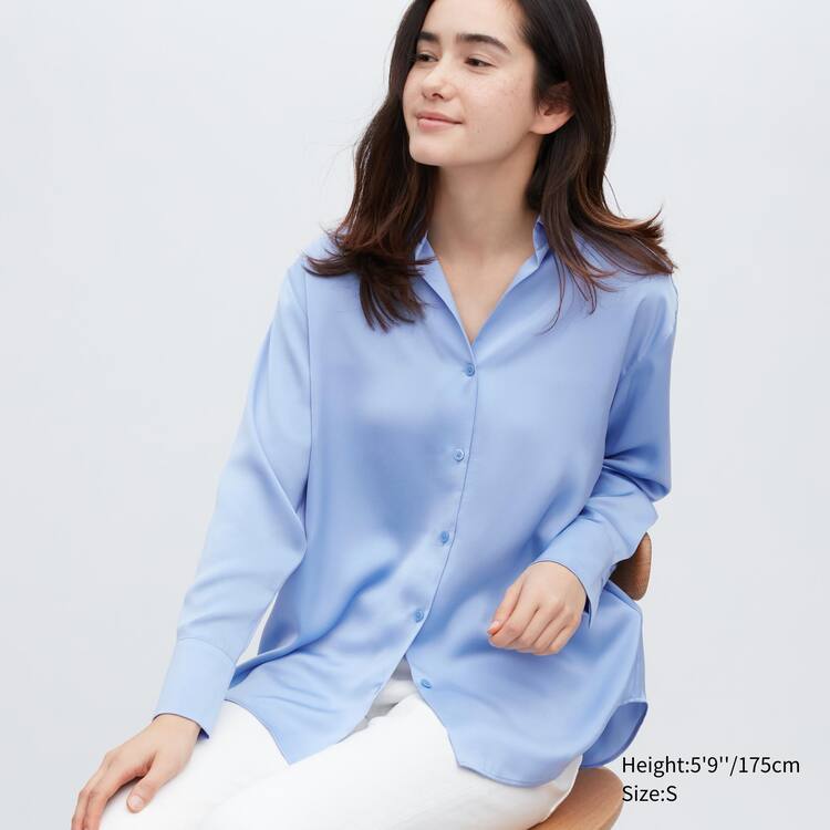Uniqlo Satin Long Sleeved Blúzky Damske Modre | VZEFPL-982
