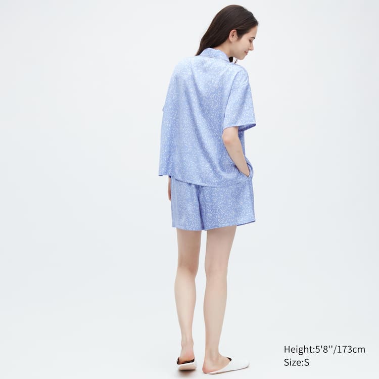 Uniqlo Satin Printed Pajamas (Kratke Sleeve) Loungewear Damske Modre | BNOIKR-385