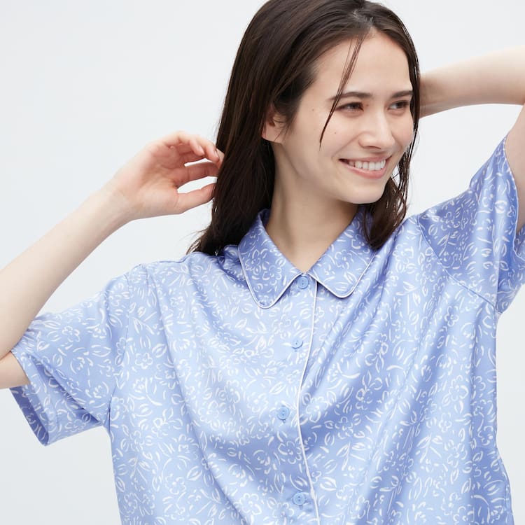 Uniqlo Satin Printed Pajamas (Kratke Sleeve) Loungewear Damske Modre | BNOIKR-385