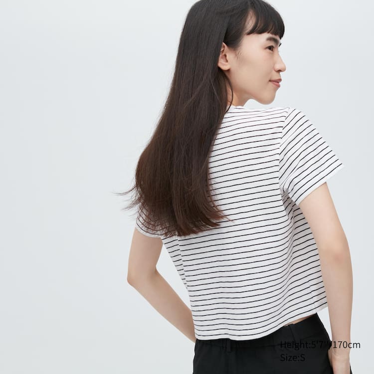 Uniqlo Slub Jersey Cropped Pruhované Kratke Sleeved Tricko Damske Biele Čierne | POXENB-642