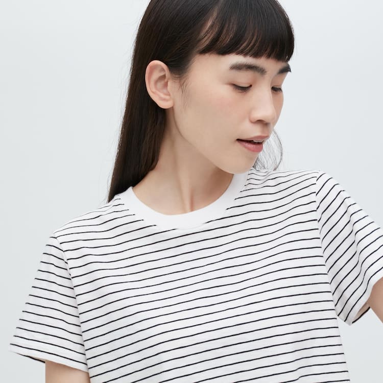Uniqlo Slub Jersey Cropped Pruhované Kratke Sleeved Tricko Damske Biele Čierne | POXENB-642