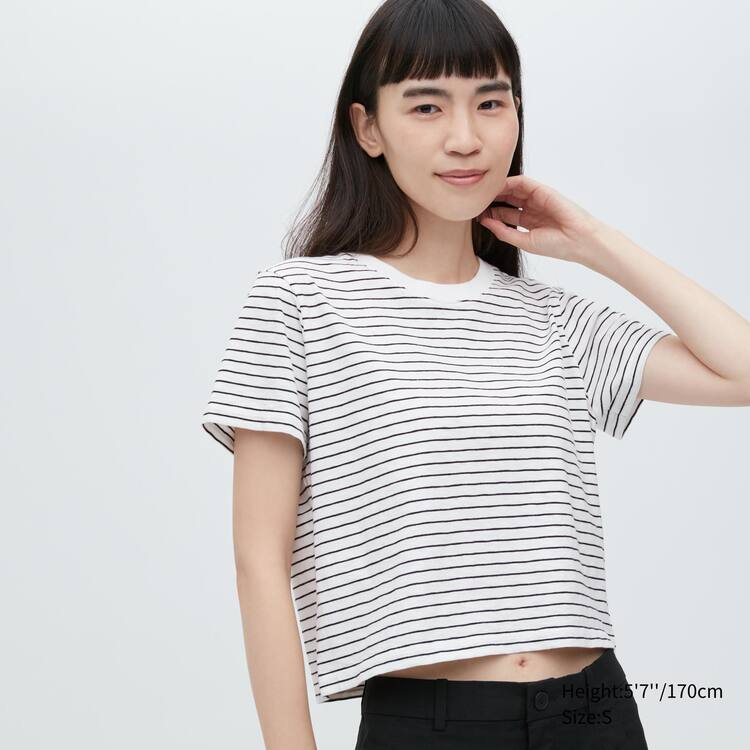 Uniqlo Slub Jersey Cropped Pruhované Kratke Sleeved Tricko Damske Biele Čierne | POXENB-642