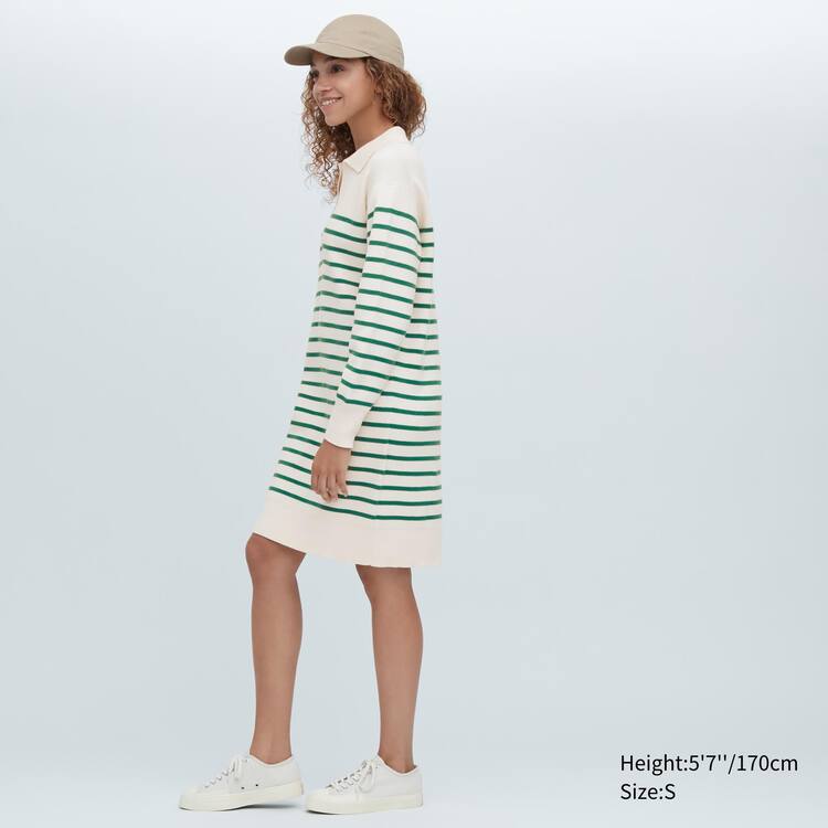 Uniqlo Smooth Bavlnene Knit Pruhované Long Sleeved Saty Damske Biele Zelene | WACYHB-985