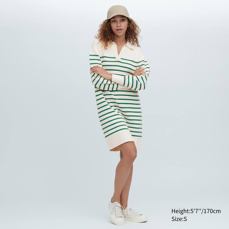 Uniqlo Smooth Bavlnene Knit Pruhované Long Sleeved Saty Damske Biele Zelene | WACYHB-985