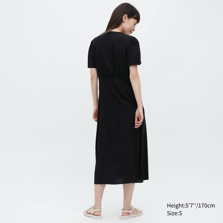 Uniqlo V Neck Kratke Sleeved Flared Saty Damske Čierne | RHSFGI-081