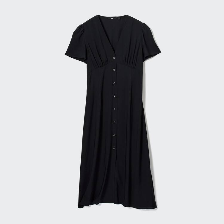 Uniqlo V Neck Kratke Sleeved Flared Saty Damske Čierne | RHSFGI-081