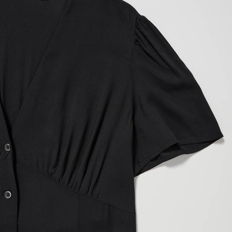 Uniqlo V Neck Kratke Sleeved Flared Saty Damske Čierne | RHSFGI-081