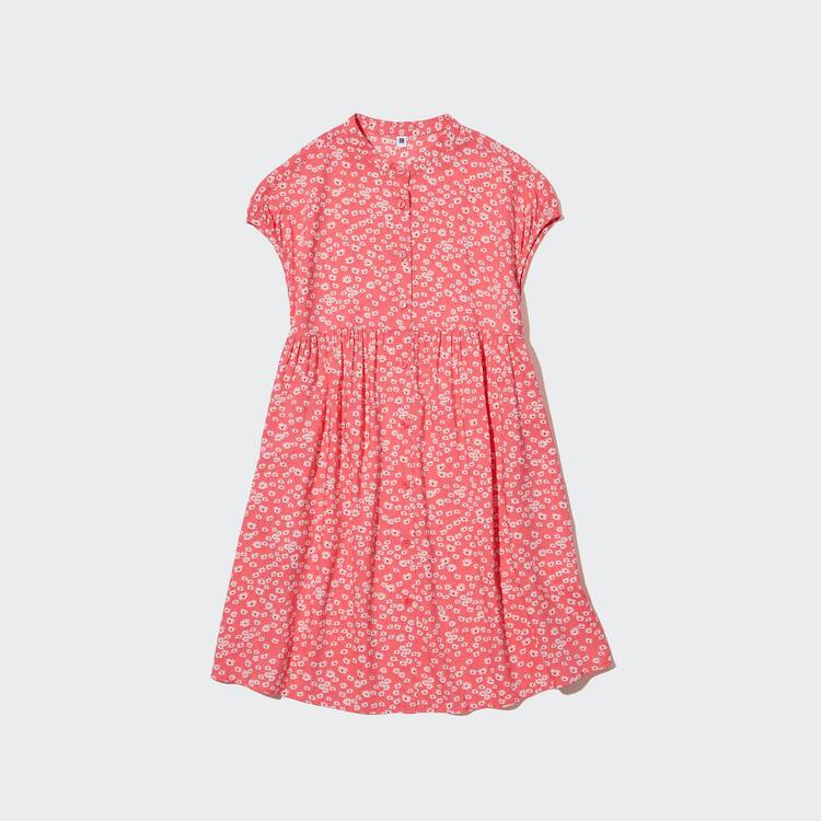 Uniqlo Viscose Flower Printed Kratke Sleeved Saty Detske Ruzove | OFNTAS-926