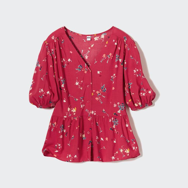 Uniqlo Viscose Lawn V Neck Printed Volume Sleeved Blúzky Damske Červené | QWIVSD-381