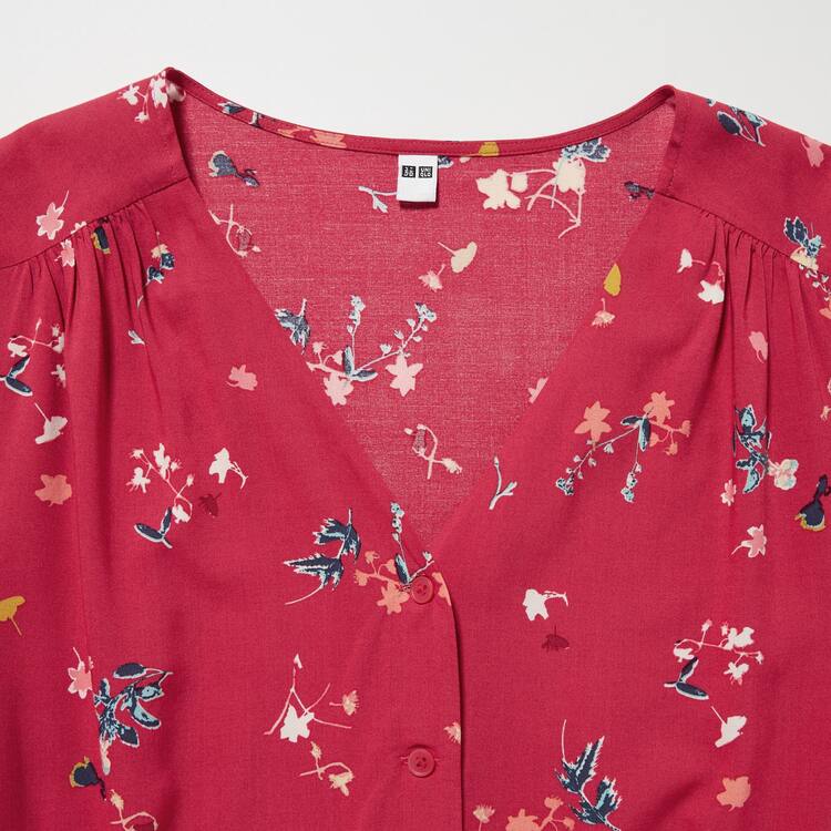 Uniqlo Viscose Lawn V Neck Printed Volume Sleeved Blúzky Damske Červené | QWIVSD-381