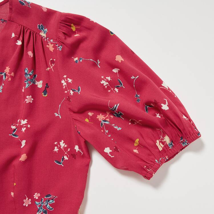 Uniqlo Viscose Lawn V Neck Printed Volume Sleeved Blúzky Damske Červené | QWIVSD-381
