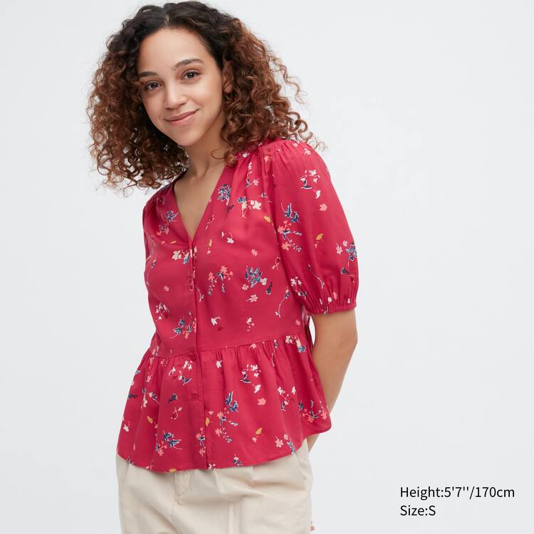 Uniqlo Viscose Lawn V Neck Printed Volume Sleeved Blúzky Damske Červené | QWIVSD-381
