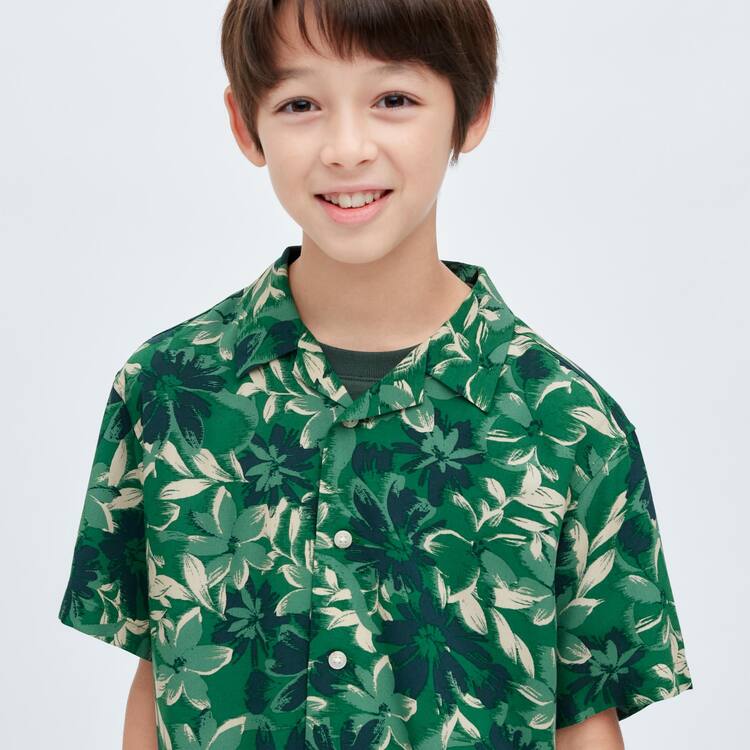 Uniqlo Viscose Printed Open Collar Kratke Sleeved Kosele Detske Zelene | EOFNXV-824
