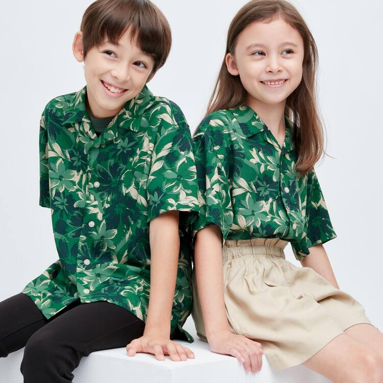 Uniqlo Viscose Printed Open Collar Kratke Sleeved Kosele Detske Zelene | EOFNXV-824