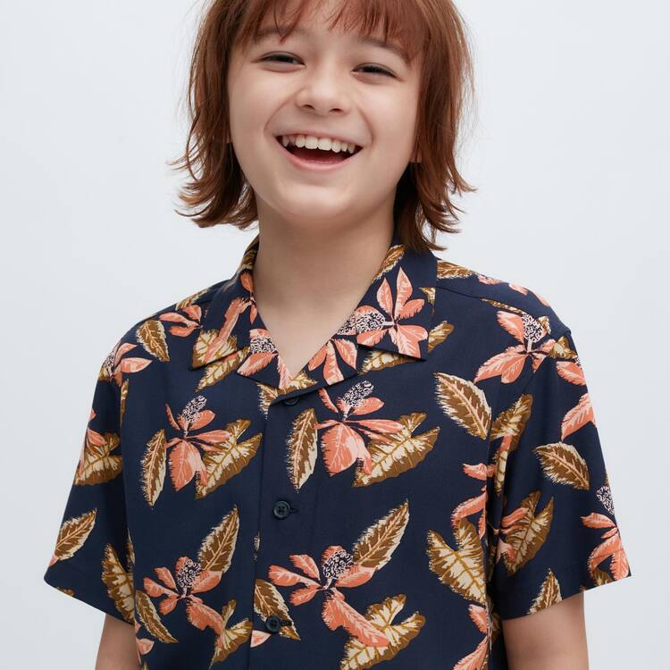 Uniqlo Viscose Printed Open Collar Kratke Sleeved Kosele Detske Námornícka Modrá | LGHRTY-732